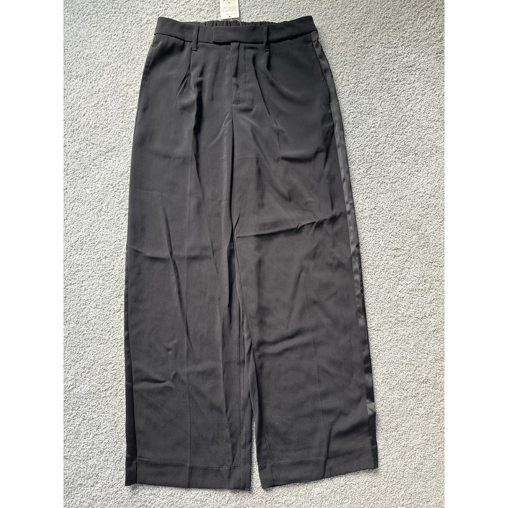 A New Day Womens Black Wide Leg Tuxedo Trousers Satin Side Stripe Size 8 NWT